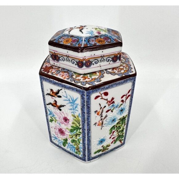 Hexagon Asian Handpainted Ceramic Ginger Tea Jar Mid Century Modern Birds MCM - Picture 1 of 9